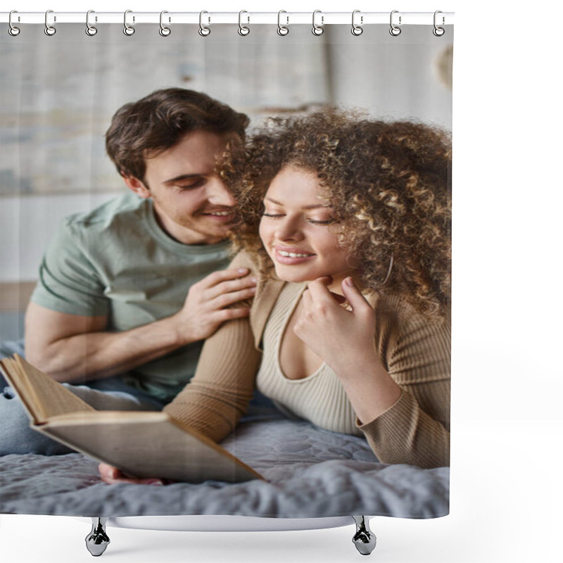 Personality  Curly Young Woman Finds Comfort In Her Book As Brunette Man Lovingly Hugs Her From Behind In Bed Shower Curtains