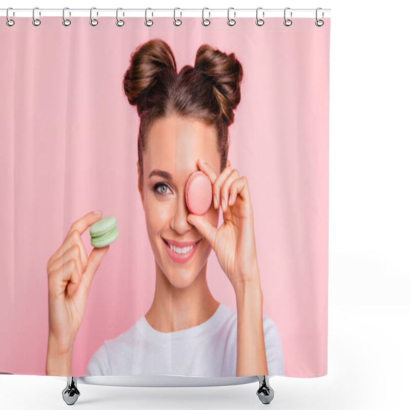 Personality  Close-up View Of Nice Attractive Funny Girlish Cheerful Girl Closing One Eye With Sugary Colorful Yummy Tasty Delicious Pies Confection Isolated Over Pink Background Shower Curtains