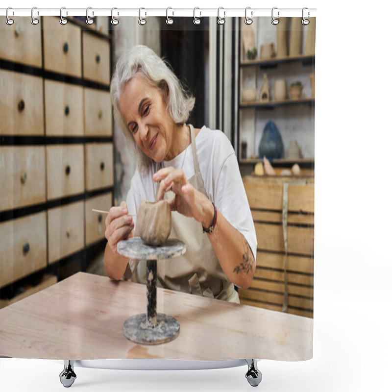 Personality  An Experienced Woman Shapes Clay On A Wheel, Showcasing Her Passion For Pottery In A Cozy Studio. Shower Curtains