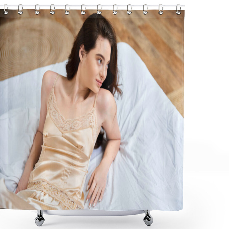 Personality  A Beautiful Young Woman Lounges Comfortably On A Soft Bed, Enjoying The Gentle Morning Light. Shower Curtains