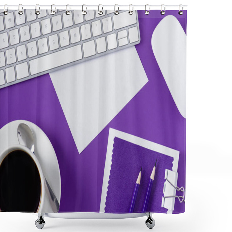 Personality  Top View Of Workspace With Cup Of Coffee And Computer Keyboard Shower Curtains