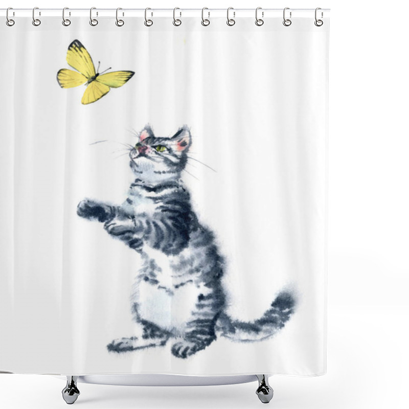 Personality  Watercolor Illustration Hand Drawn Funny Cute Playful Cat With Stripes And Yellow Butterfly - Kitten Aquarelle - Black, Grey, White Shower Curtains