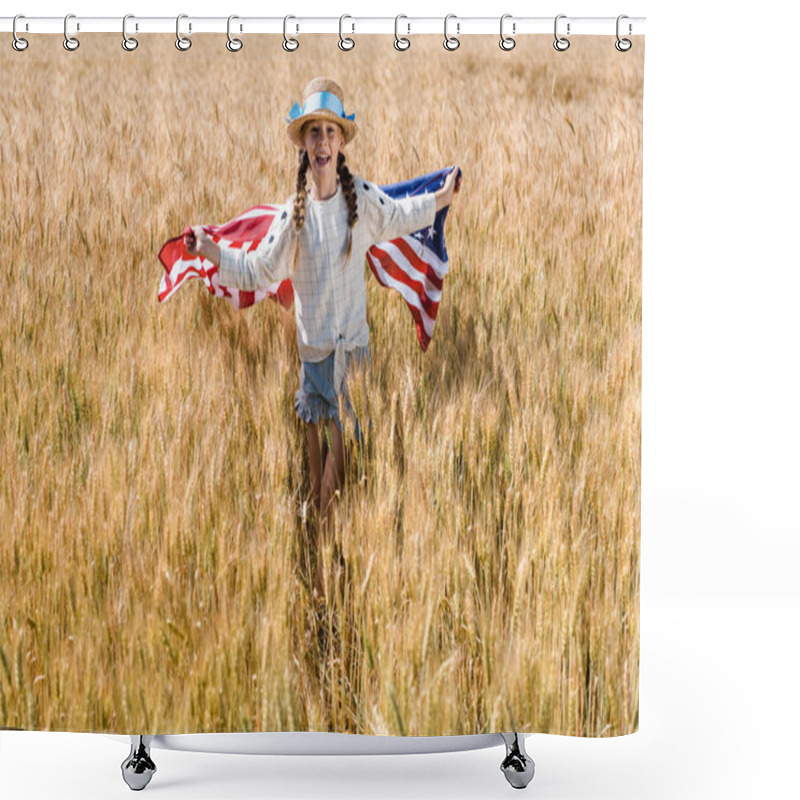 Personality  Happy Kid In Straw Hat Holding American Flag In Golden Field  Shower Curtains