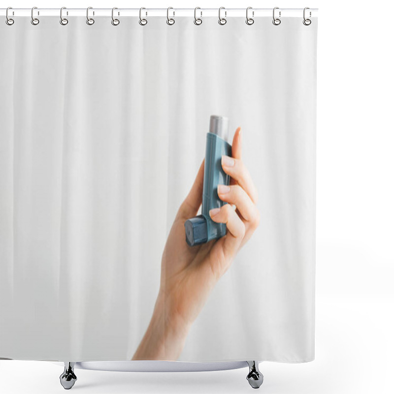 Personality  Cropped View Of Inhaler In Female Hand Isolated On White Shower Curtains