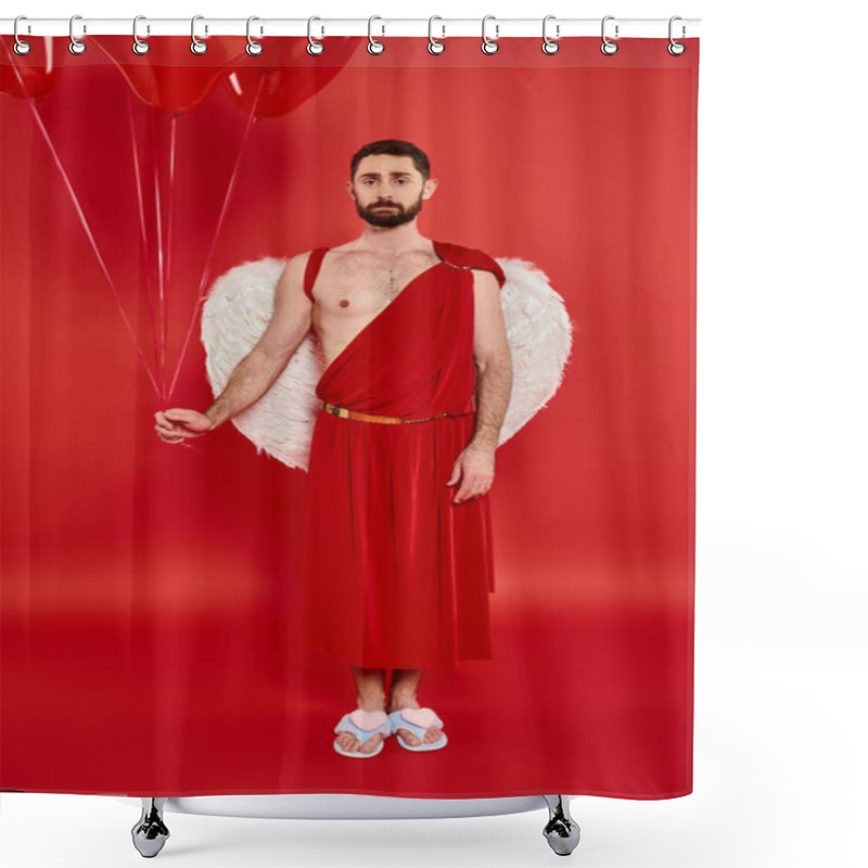 Personality  Offended Bearded Man Dressed As Cupid With Heart-shaped Balloons On Red, St Valentines Costume Party Shower Curtains