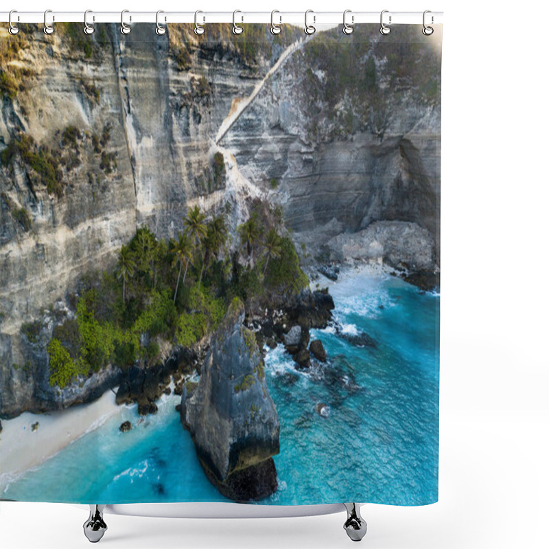 Personality  Magnificent Rocks And Cliffs With Turquoise Water On Beach Nusa Penida In Bali Island, Indonesia Shower Curtains