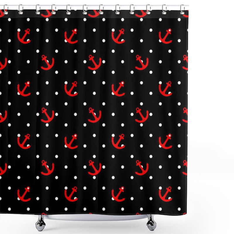 Personality  Tile Sailor Vector Pattern With Red Anchor And White Polka Dots On Black Background Shower Curtains