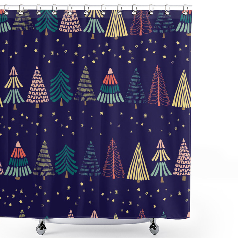 Personality  Modern Abstract Doodle Christmas Trees In A Row And Stars On A Dark Blue Background. Seamless Vector Pattern. Great For Christmas - Perfect For Holiday Cards, Wrapping Paper, And Fabric Shower Curtains