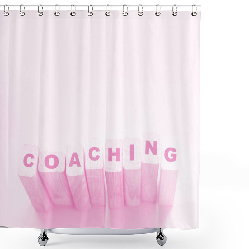 Personality  Coaching Word On Wooden Blocks On Aqua Pink Background. Personal And Business Achievements Concept.   Shower Curtains