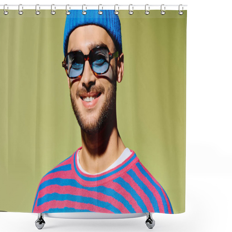 Personality  Handsome Young Man Confidently Poses In A Trendy Outfit With Vibrant Blue Sunglasses, Exuding Style. Shower Curtains