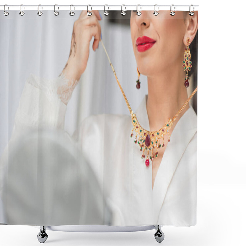 Personality  Cropped View Of Young Indian Bride Wearing Necklace On White Shower Curtains