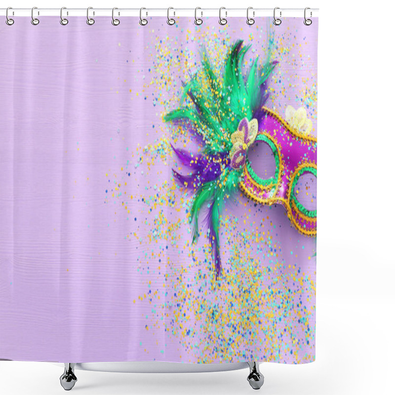 Personality  Holidays Image Of Mardi Gras Masquarade Venetian Mask Over Purple Background. View From Above Shower Curtains