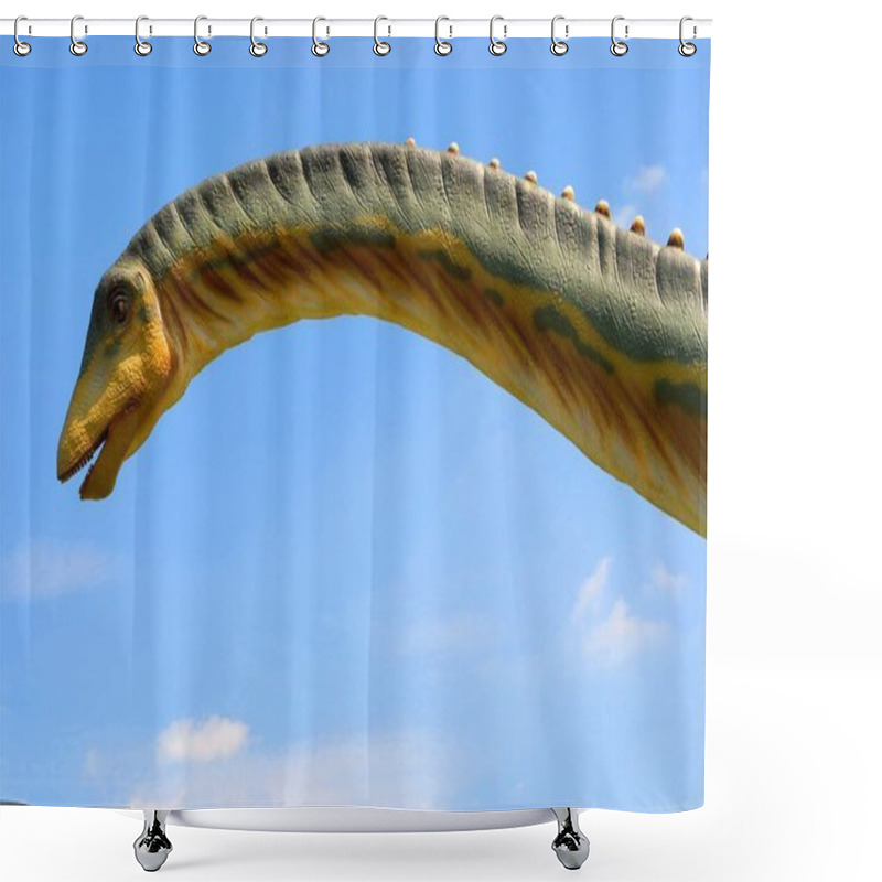 Personality  Dinosaur Diplodok (diplodocus) On The Blue Sky Background Shower Curtains