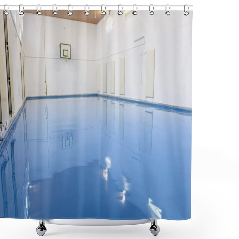 Personality  Self Leveling Blue Epoxy Floor In The Gym Shower Curtains