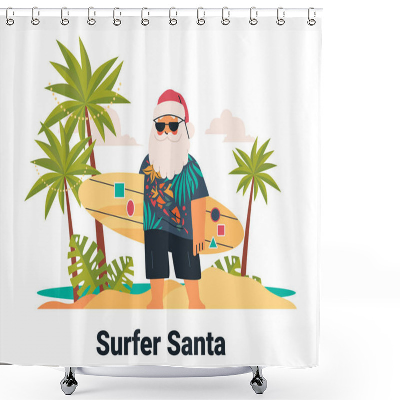 Personality  Surfer Santa On Beach With Surfboard Tropical Shirt Palm Trees Sandy Shore Summer Holiday Theme Vector Illustration. Shower Curtains