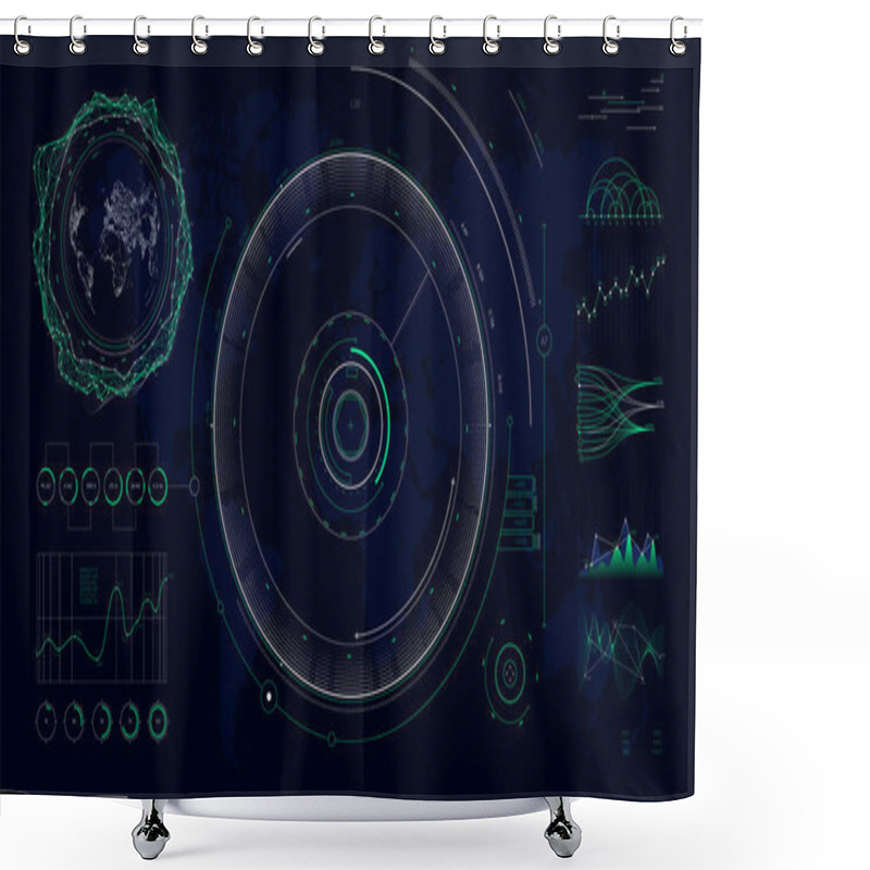 Personality  Vector Futuristic User Interface HUD Design Graphs And Charts, Global Digital Network Communications Map World Shower Curtains