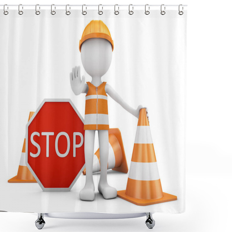 Personality  Road Worker With Helmet And Traffic Sign With Cones. 3d Rendering. Shower Curtains