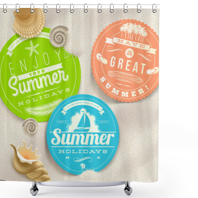 Personality  Summer Vacation And Travel Labels And Sea Shells On A Beach Sand - Vector Illustration Shower Curtains