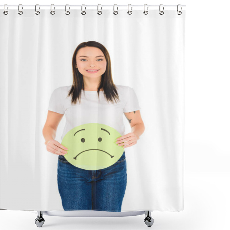 Personality  Attractive Girl Holding Green Sign With Sad Face Expression While Looking At Camera Isolated On White Shower Curtains