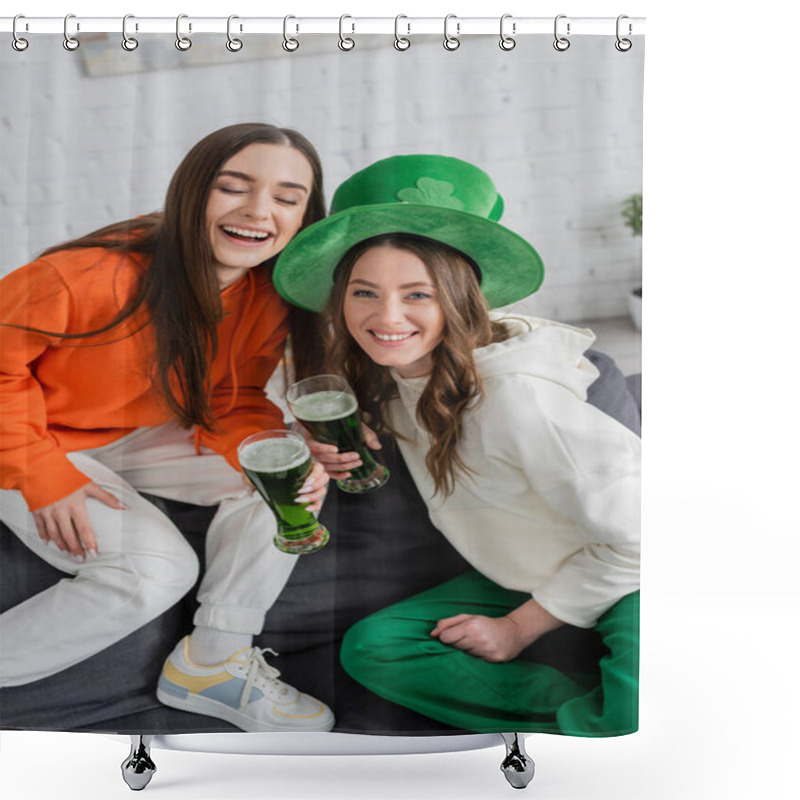 Personality  Positive Young Women Holding Green Beer During Saint Patrick Celebration At Home  Shower Curtains