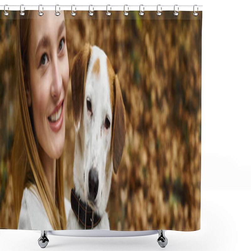 Personality  Cute Dog Sitting With Beautiful Female Blonde Woman In Forest Looking At Camera While Hiking, Banner Shower Curtains