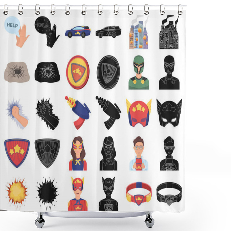 Personality  A Fantastic Superhero Cartoon,black Icons In Set Collection For Design. Superheros Equipment Vector Symbol Stock Web Illustration. Shower Curtains