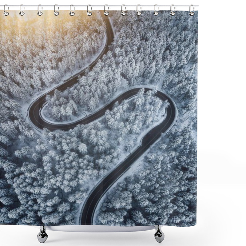 Personality  Curvy Windy Road In Snow Covered Forest, Top Down Aerial View. Shower Curtains