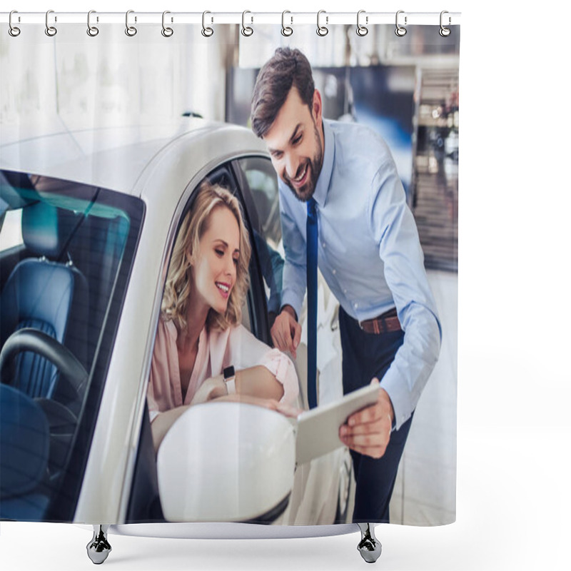 Personality  Portrait Of Smiling Salesman Talking With Female Client Sitting In The Car Using Digital Tablet In Dealership Salon Shower Curtains