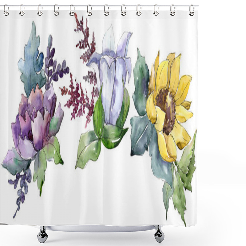 Personality  Watercolor Bouquet Flowers. Floral Botanical Flower. Isolated Illustration Element. Full Name Of The Plant: Sunflower, Peony,flax. Aquarelle Wildflower For Background, Texture, Frame Or Border. Shower Curtains