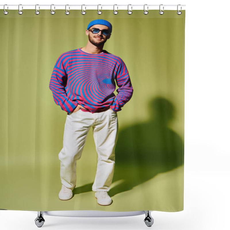 Personality  A Fashionable Young Man Poses Confidently In Stylish Vibrant Attire With Trendy Sunglasses. Shower Curtains