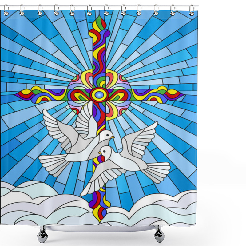 Personality  Illustration With A Cross And A Pair Of White Doves In The Stained Glass Style Shower Curtains