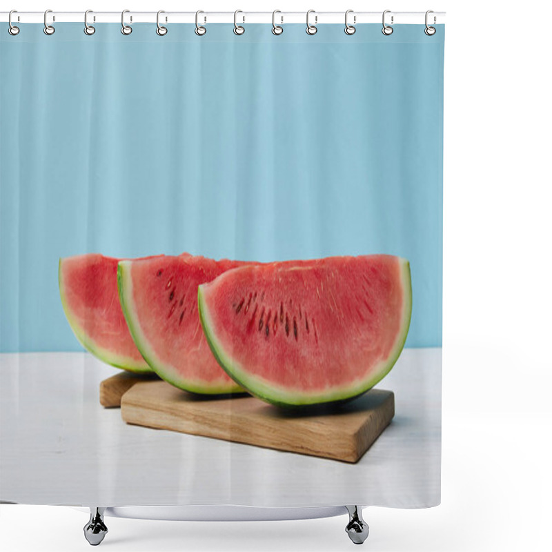 Personality  Close Up View Of Arranged Watermelon Slices On Cutting Board On White Surface On Blue Backdrop Shower Curtains