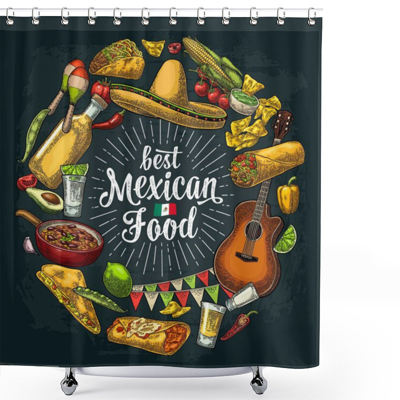 Personality  Circle Shape Set Mexican Food Engraving Illustration On Dark Shower Curtains