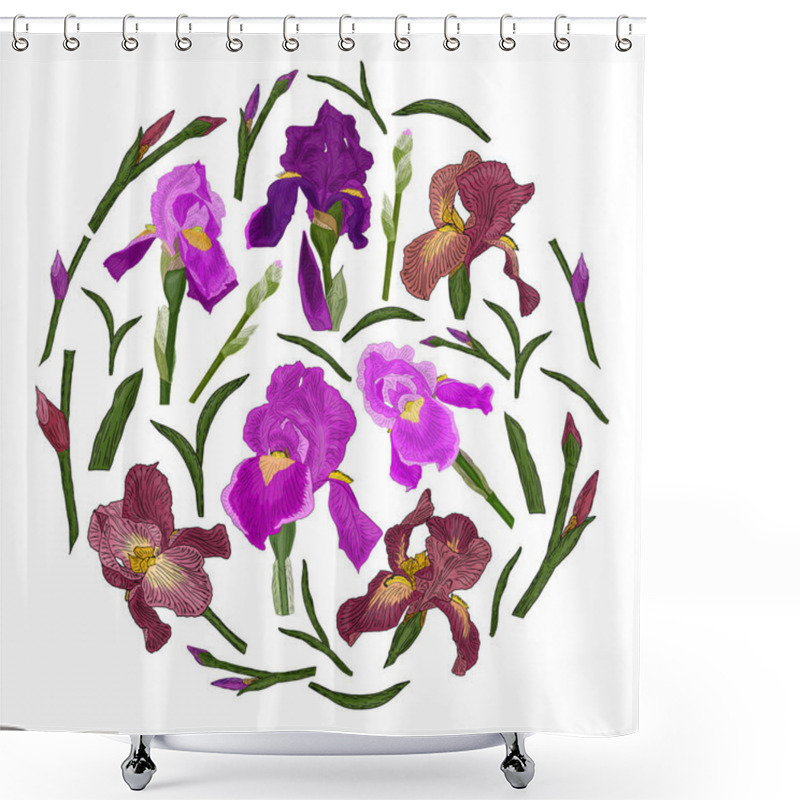 Personality  Iris Flowers, Leaves And Buds In A Circle. Elements For Botanical Ornament. Vector Image Of Purple And Red Iris On A White Background. Shower Curtains