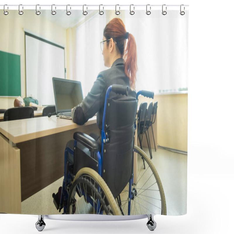 Personality  Young Woman Works At A Laptop While Sitting In A Wheelchair In A University Lecture Hall. Conditions For Teaching A Disabled Person Shower Curtains