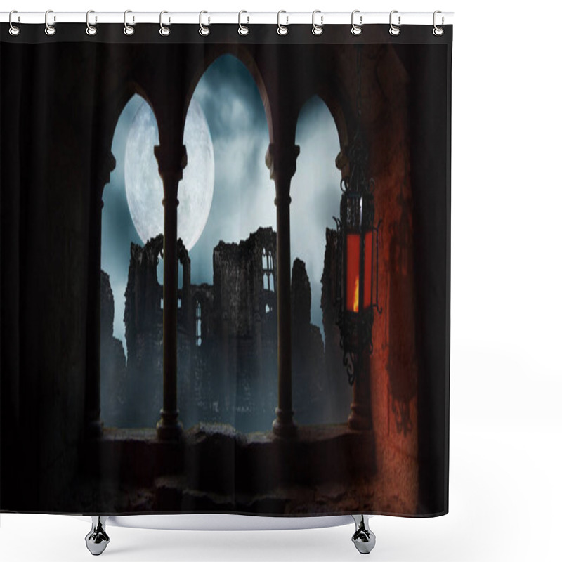 Personality  Swinging Lantern In Old Ruins Full Moon Features A View Out An Arched Window With A Swinging Lantern Out To Ruins With A Full Moon In The Sky Shower Curtains