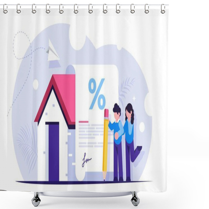 Personality  Mortgage Loan Form Concept. Young Family Signs A Mortgage Document To Buy A New Home. Favorable Interest From The Bank. Vector Isoalted Illustration. Shower Curtains