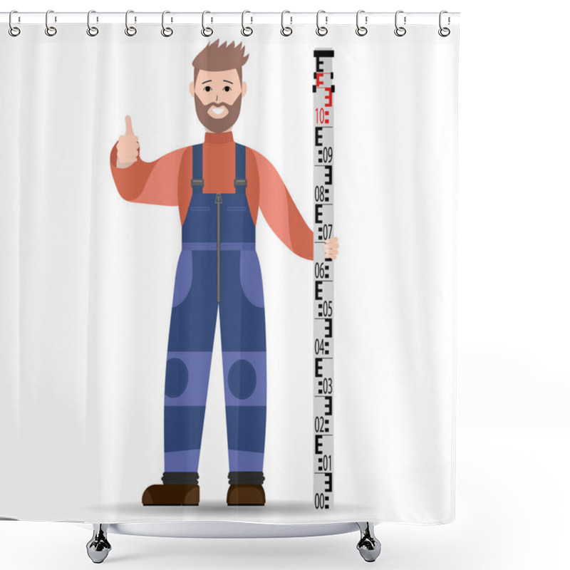 Personality  Surveyor With A Rake In A Blue Jumpsuit And A Coral Jacket. Vect Shower Curtains