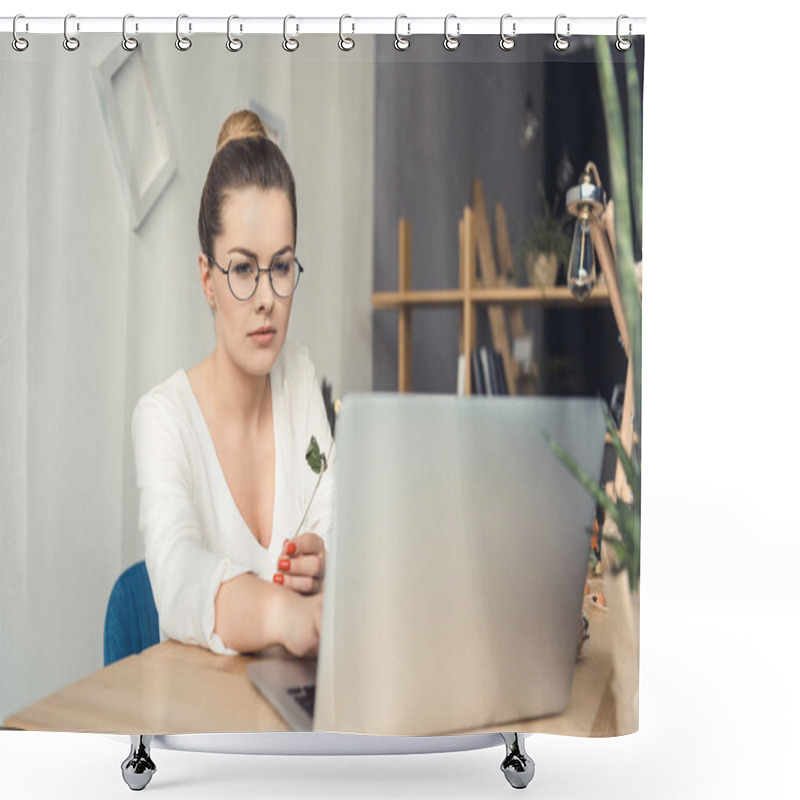 Personality  Florist With Laptop At Workplace Shower Curtains