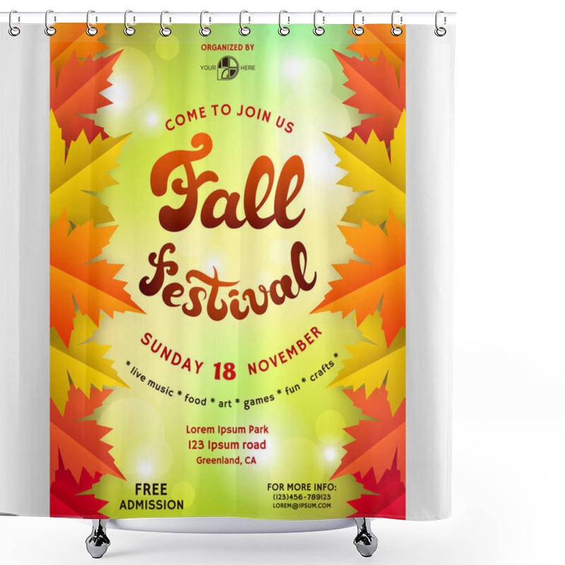 Personality  Fall Festival Poster Design. Template For Invitation. Customized Text And Abstract Maple Leaves. Bright Colorful Background With Shadows, Bokeh Effect And Shines. Vector Illustration. Shower Curtains