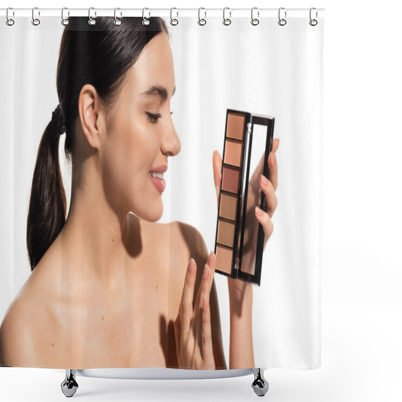 Personality  Positive Young Woman With Bare Shoulders Holding Eye Shadow Palette Isolated On White  Shower Curtains