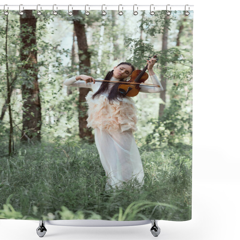 Personality  Tender Woman In White Swan Costume Standing On Forest Background With Violin Shower Curtains