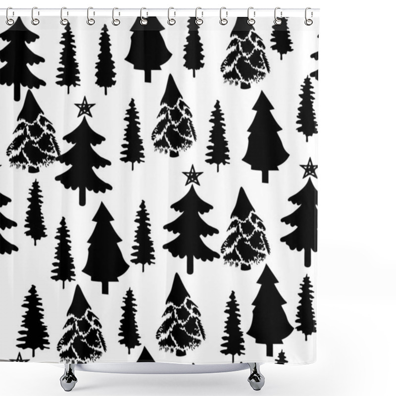 Personality  Black And White Christmas Tree Silhouette Pattern. Festive Pine Tree Silhouettes Seamless Background Shower Curtains