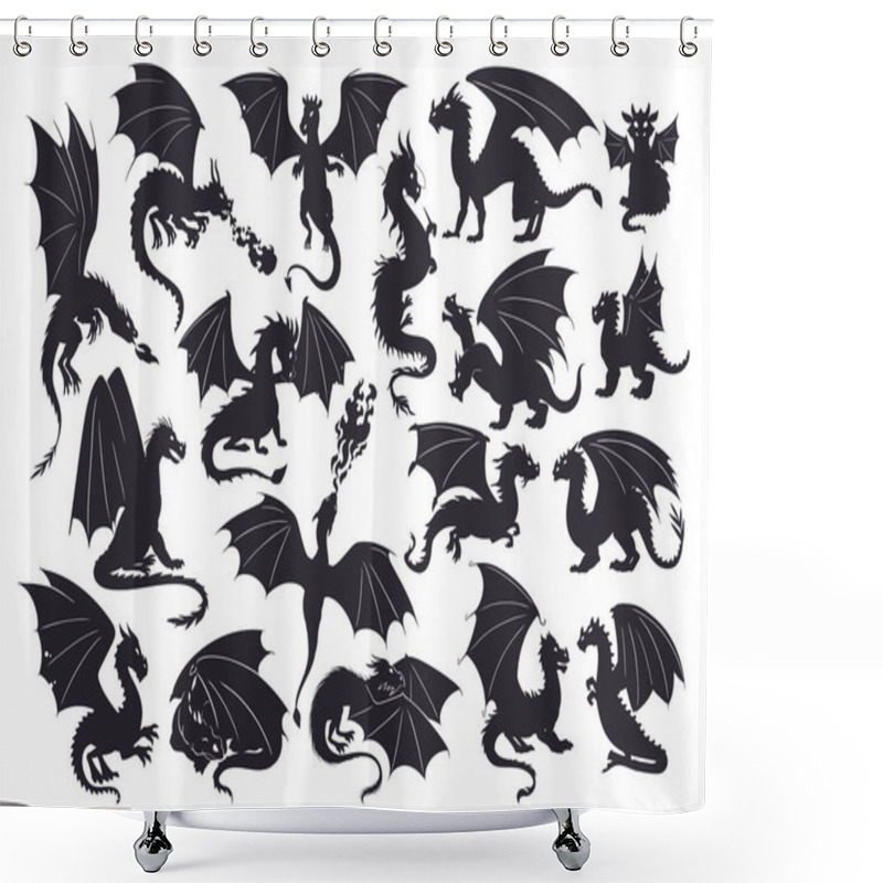 Personality  Flying Dragons Silhouettes. Fire Breathing Reptiles, Winged Medieval Dragons Mascots, Scary Dragons Flat Vector Illustration Set. Fairy Dragon Species Silhouettes Shower Curtains