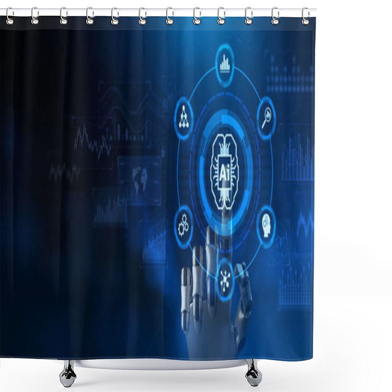 Personality  AI Artificial Intelligence Cyborg Hand Pressing Button On Screen. Innovation Technology Concept. Shower Curtains