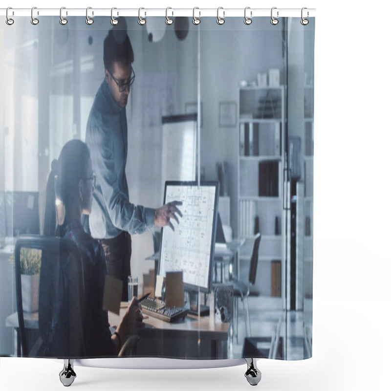 Personality  Late At Night/Early Morning In The Office, Male And Female Engineers Discuss  Blueprints Shown On Her Display. Office Looks Modern, With Blueprints On Walls. Shower Curtains