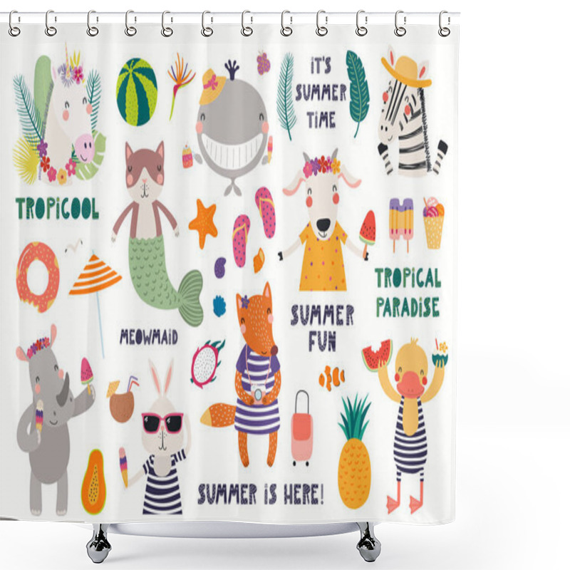 Personality  Big Summer Set With Cute Animals With Quotes And Fruits With Drinks And Pool Floats Isolated On White Background. Scandinavian Style Flat Design. Concept For Summer Textile Print Shower Curtains