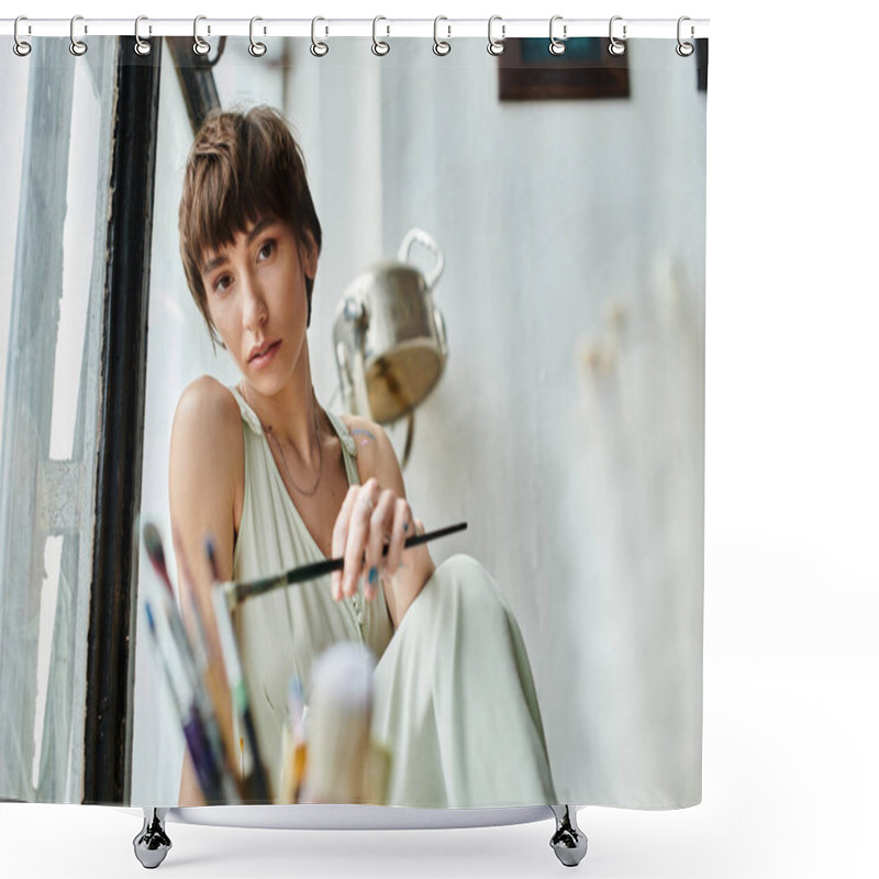 Personality  Appealing Woman Sits On A Window Sill, Holding A Brush. Shower Curtains