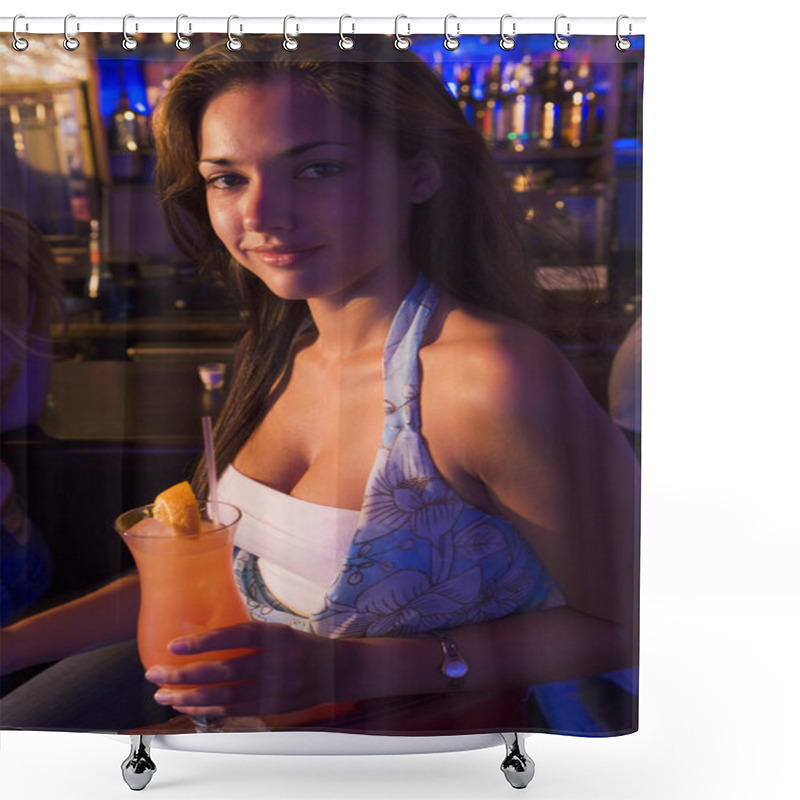 Personality  Young Woman Sitting At Bar Counter Holding A Drink Shower Curtains