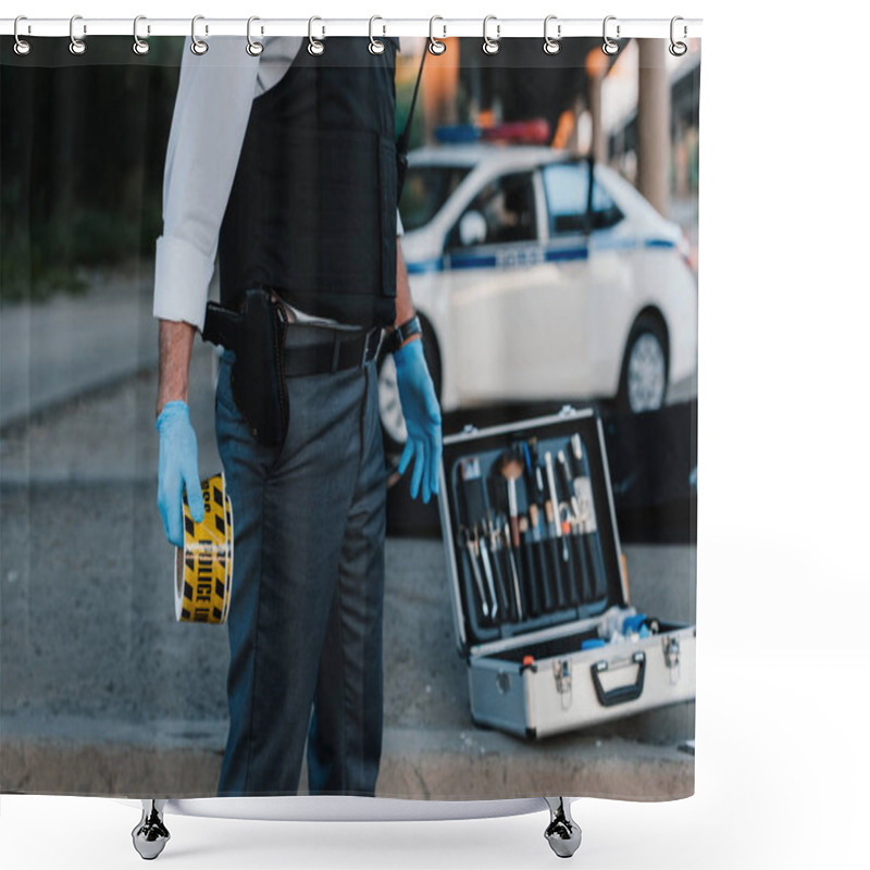 Personality  Cropped Image Of Policeman In Latex Gloves Holding Police Line At Crime Scene  Shower Curtains